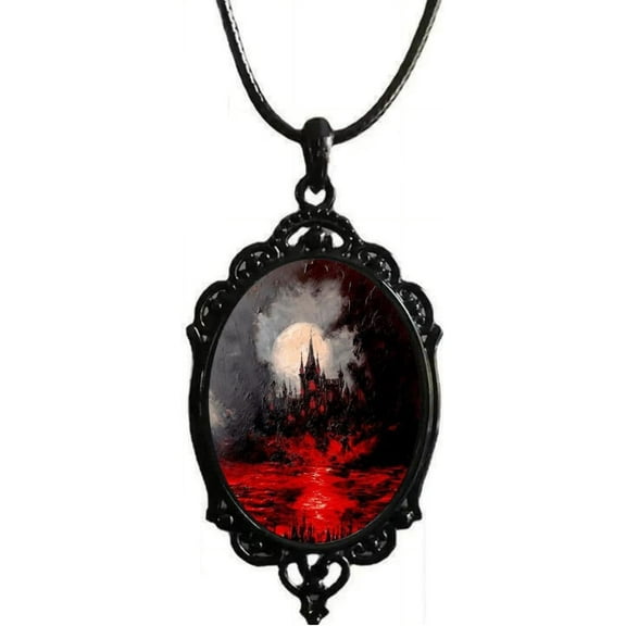 Tilga Gothic Raven Castle Pendant Necklace,Vintage Cameo Glass Pendant Necklace Punk Style Victorian Choker Necklace Goth Raven Cabochon Choker Mystic Witch Halloween Jewelry for Women
