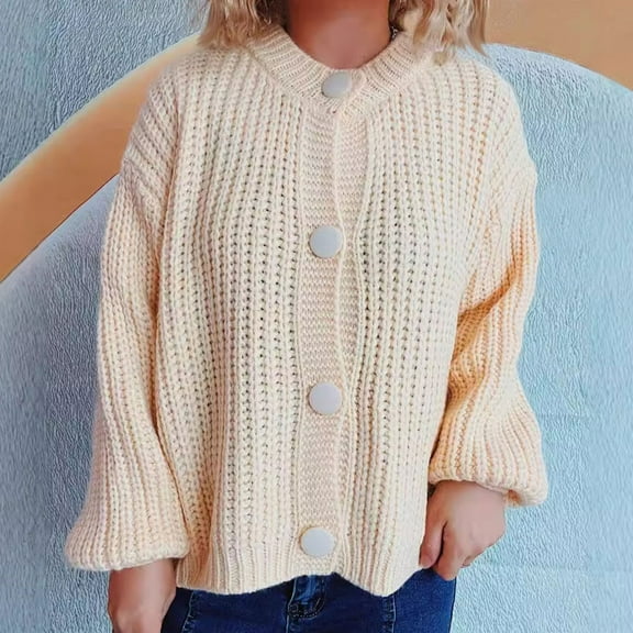 Qulqfy Chunky Cardigan Sweater for Women Button Up Fall Beige Lantern Sleeve Sweaters Fall Women's Crew Neck Tops L