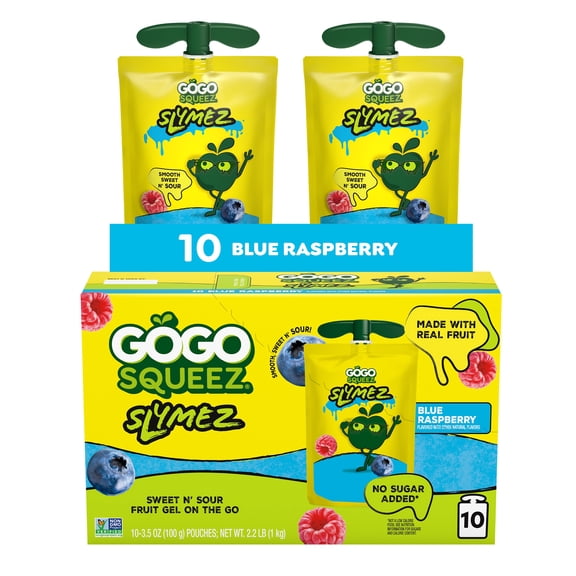 GoGo squeeZ No Sugar Added Blue Raspberry SlymeZ Fruit Gel On The Go, 3.5 oz (10 Pack)