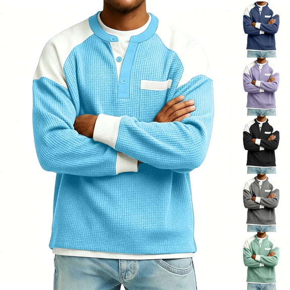 Men Fall Blouse Mineart Men's Color Block Knit Button Up Shirt Raglan Long Sleeve Shirt 3-Button Stand Collar With Chest Pocket Soft Casual Tops