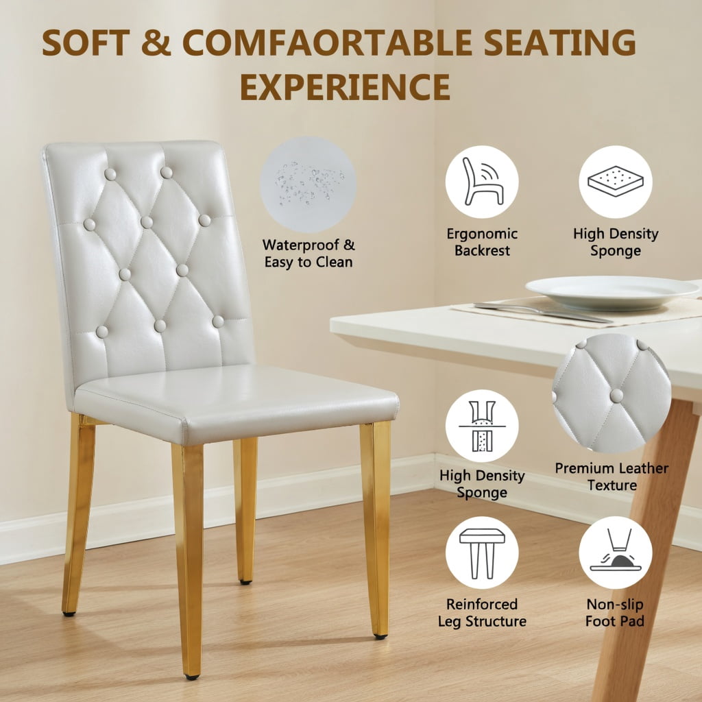 Hommoo 4-Pack PU Leather Dining Chairs with Ergonomic Buckle Backrest & Metal Legs, 35 in Tall, Commercial-Grade for Restaurants, Banquet Halls & Modern Homes, Light Gray & Gold