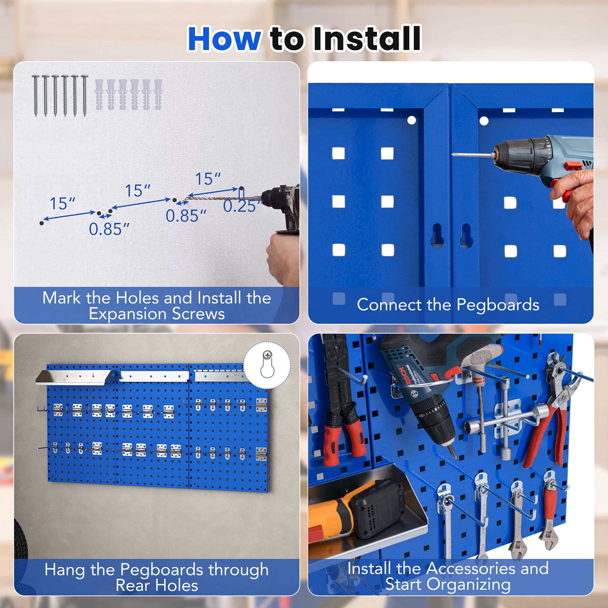 Gymax 3 Pcs Pegboard Wall Organizer w/ 25 Hooks Drill Bit Holder Screwdriver Holder Navy