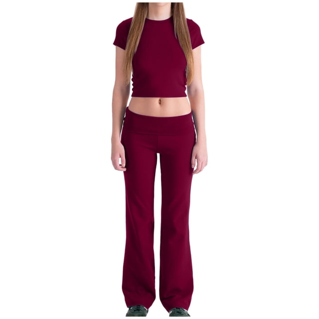 Besolor Ensemble de Détente 2 Pcs pour Femmes Col Rond Manches Courtes Crop Top et Leggings Évasés Pliables Survêtement de Yoga