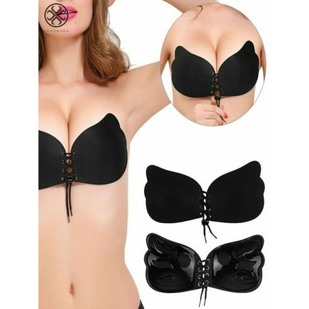 Luxtrada Strapless Self Adhesive Bra  Push Up Invisible Silicone Bras for Women with Drawstring Suit For Dress Wedding Party  Cup D Black
