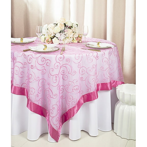 Wedding Linens Inc. 85"x85" Embroidered Organza Sheer Table Overlay Toppers - Bubble Gum
