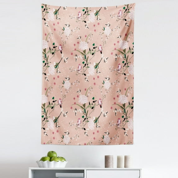 Vintage Tapestry, Oriental Garden with Birds on Floral Branches Blooming Garden Art, Fabric Wall Hanging Decor for Bedroom Living Room Dorm, 5 Sizes, Pale Salmon Multicolor, by Ambesonne