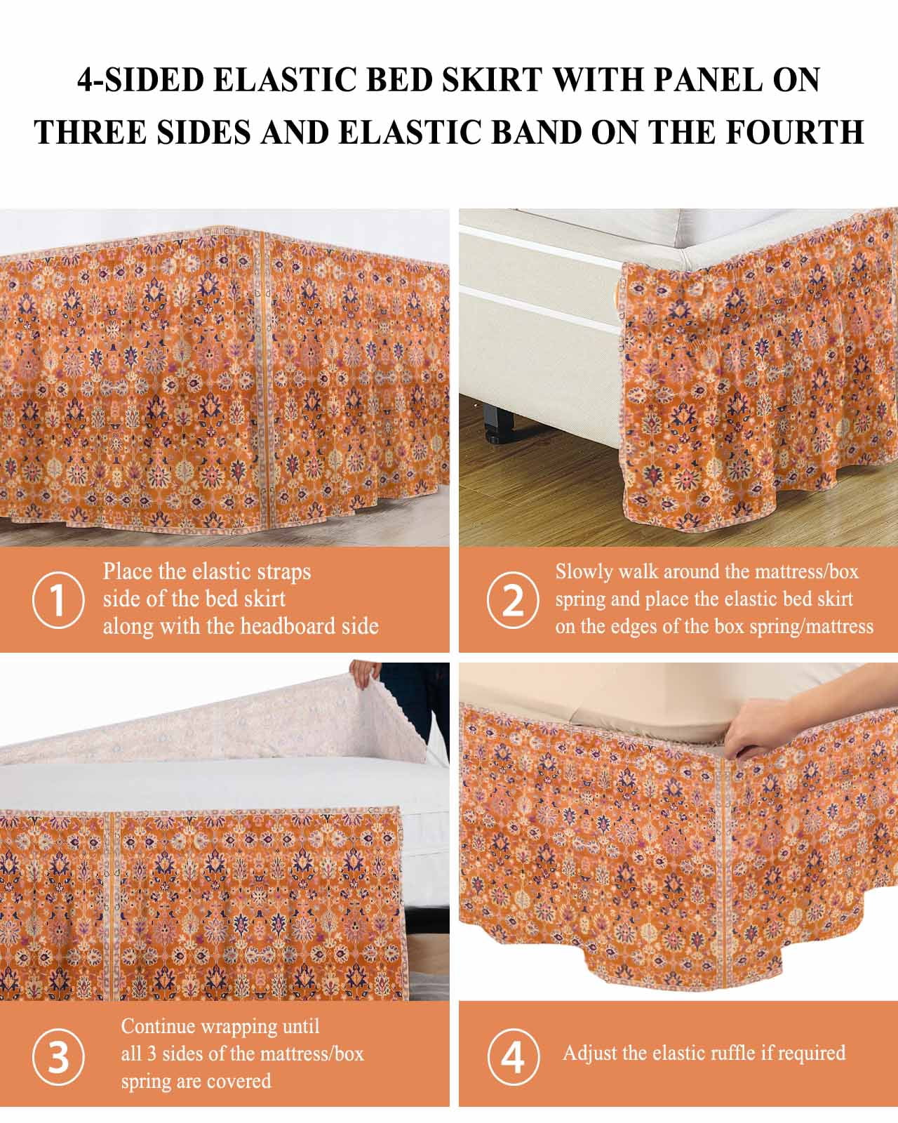 Boho Orange Wrap Around Bed Skirts for King Bed 18" Drop,Bed Skirt with Adjustable Elastic Belt Dust Ruffle Bed Valance for Bedroom Hotel Country Style Bohemian Floral Retro Tribal Bed Frame Cover