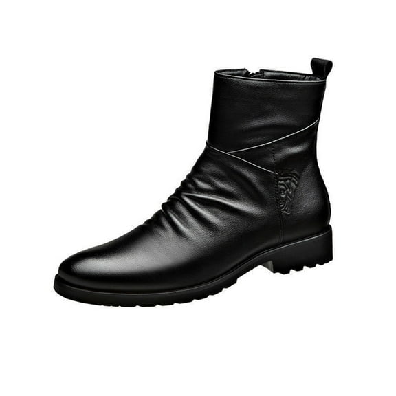 Mens Motorcycle Boots Black Leather High-top Dress Ankle Boot, Winter Fashion Toe Business Casual Short Boots