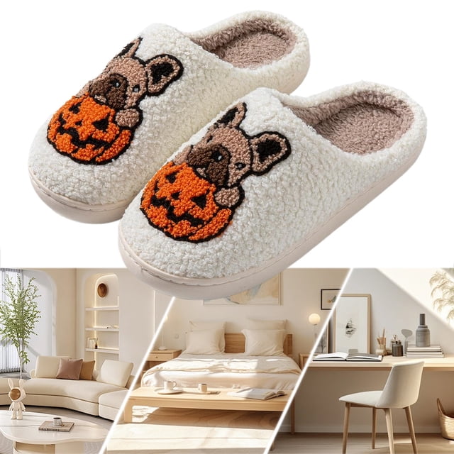 Pantuflas Mullidas Dop Calabaza Perro Felpa Halloween Cómodas para El Invierno