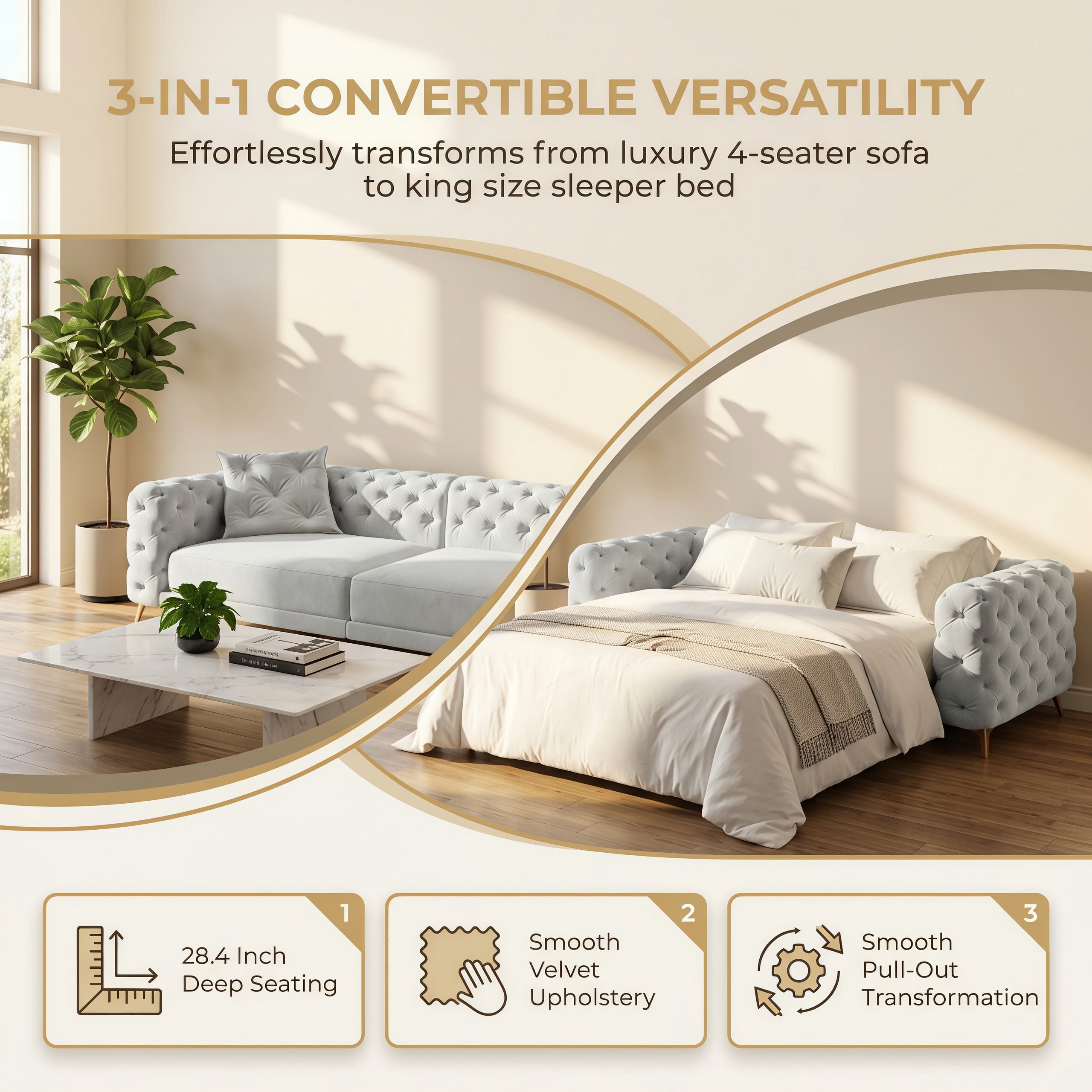 3-in-1 Velvet Sleeper Sofa Bed, 97.7" Modern Button Tufted Convertible Pull Out Couch with Gold Metal Legs & Deep Seat for Living Room, Light Gray