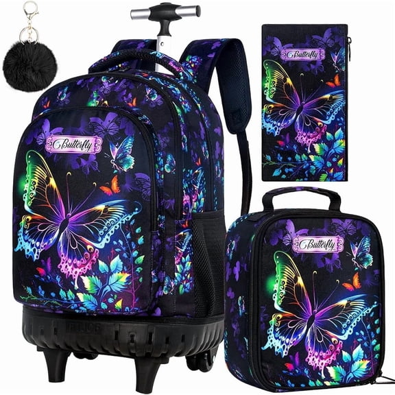 3Pcs Rolling Backpack for Girls Women, Kids Roller Bookbag with Wheels, Butterfly Wheeled Backpacks Set for Elementary Toddler(Black)
