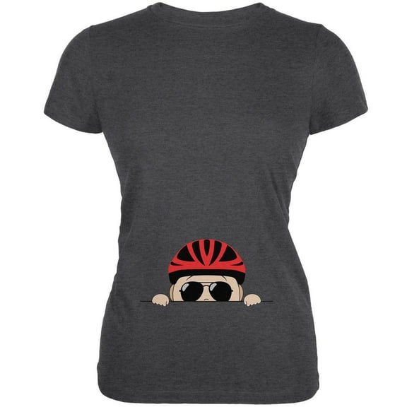 Peeking Baby Bike Helmet Sunglasses Dark Heather Juniors Soft T-Shirt - Large