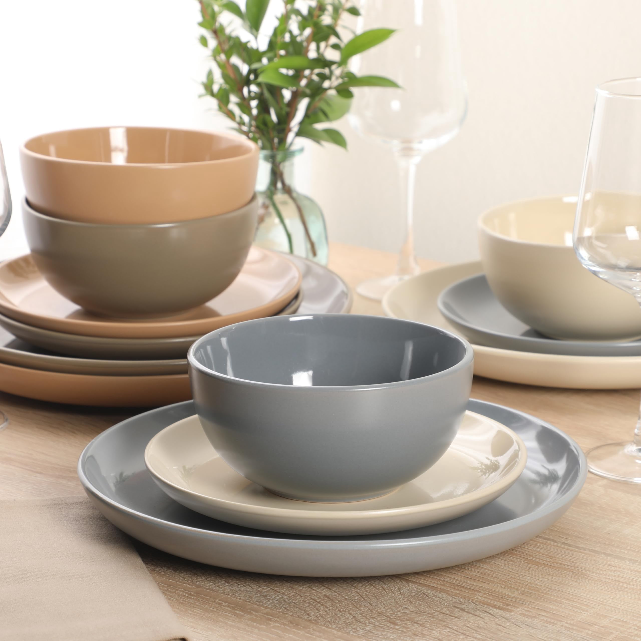 12-Piece Stoneware Dinnerware Set for 4, Cream Round Plates and Bowls, Modern Matte Finish, Microwave and Dishwasher Safe