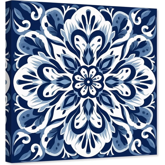 ZHONGYUTONG Mandala Wall Art Blue Abstract Canvas Flower Pattern Picture Modern Navy Painting Boho Artwork for Bedroom Decor Framed (12.00" x 12.00")