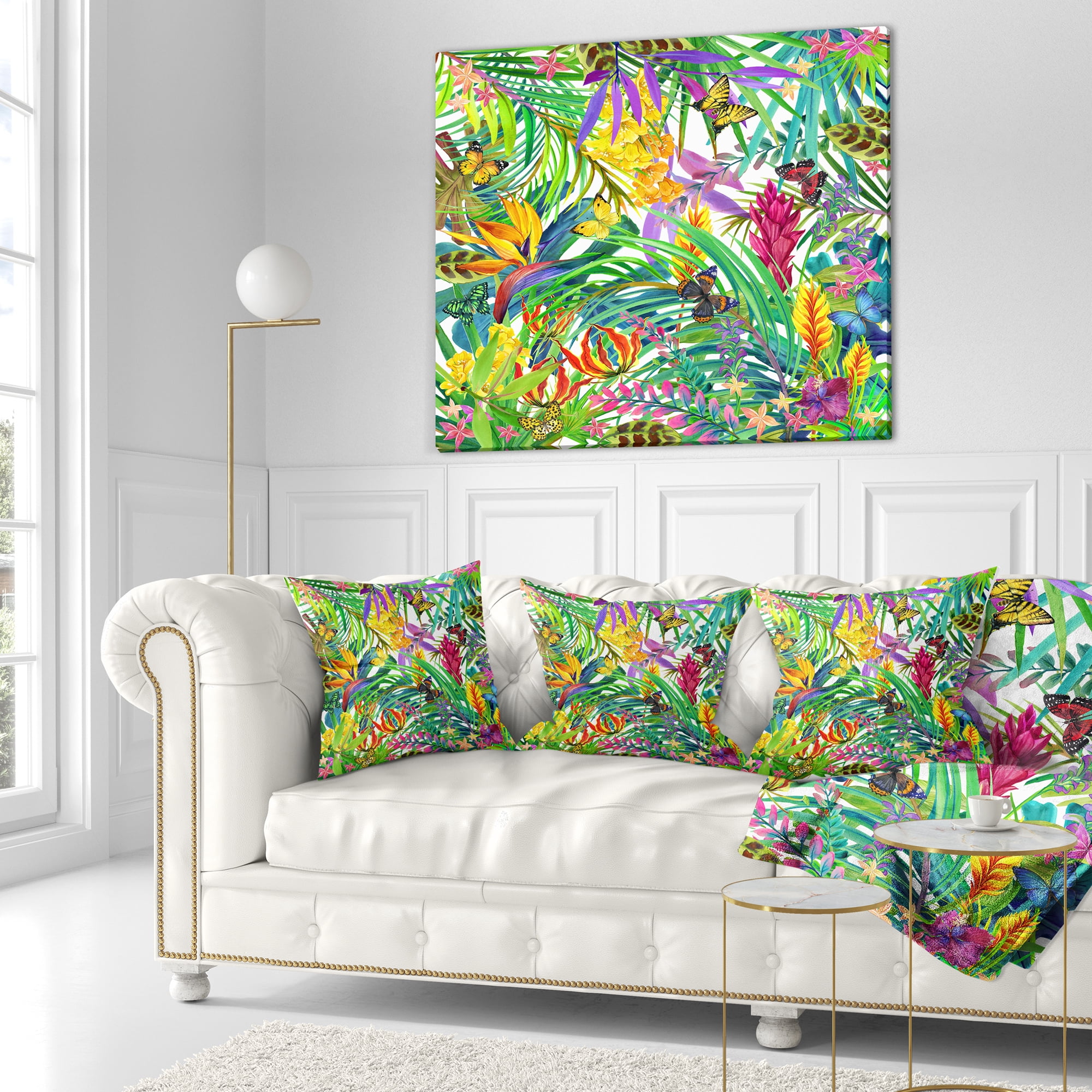 Designart Tropical Leaves and Flowers - Floral Throw Pillow - 18x18