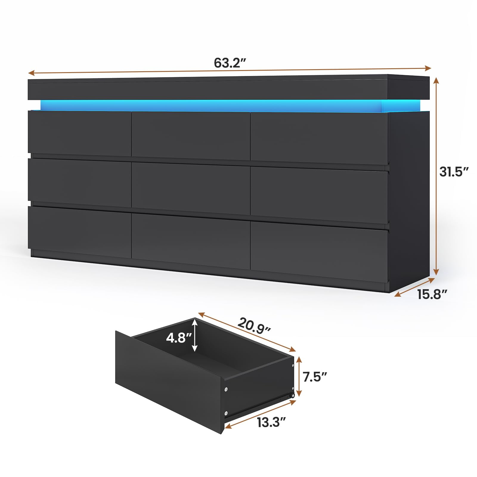 Afuhokles Wide Dresser TV Stand with 9 Drawers Dresser for Bedroom Chests of Drawers for Living Room, Black
