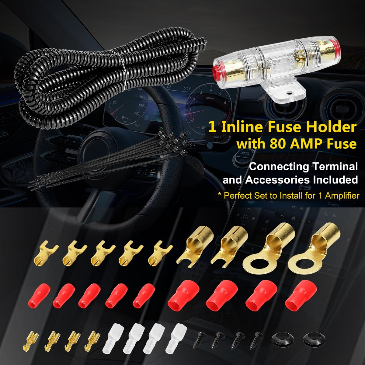8 Gauge AMP Wiring Kit, 8 AWG Amplifier Car Audio Install Kit, Car Subwoofer Cable, Connection for Subwoofer & Speaker, with Power Cable, Ground Cable, RCA Cable, Remote Cable, Fuse Holder, Terminals