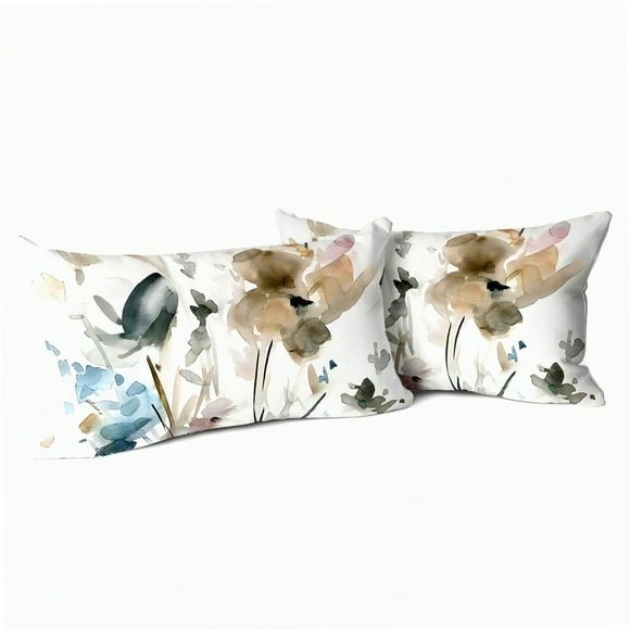 Watercolor Floral Rustic Pillow Covers Set - Brown Cream Grey Teal 12x20'' Throw Pillows - Modern Farmhouse Home Decor for Bedroom & Outdoor Use