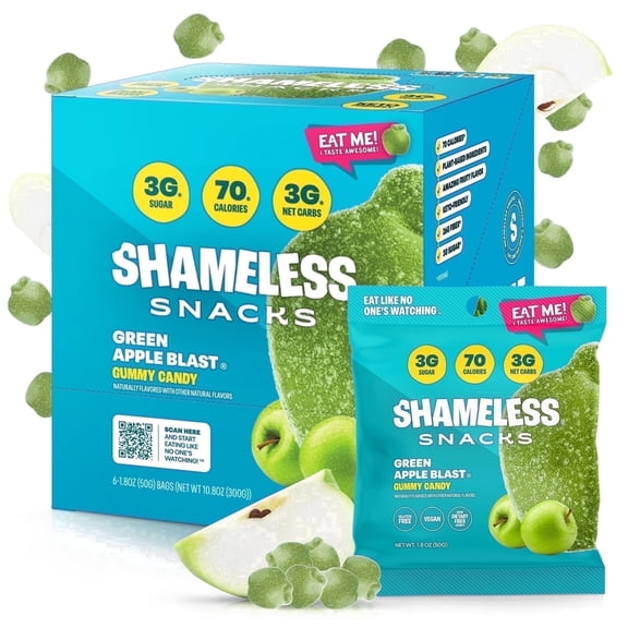 Shameless Snacks - Healthy Low Calorie Snacks, Low Carb Keto Gummies (Gluten Free & Non GMO Candy) - 6 Pack Green Apple Blast