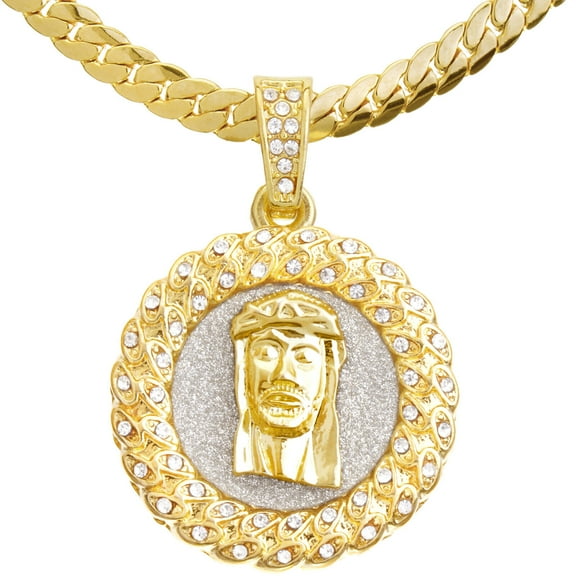 High Quality 14 K Gold Plated Hip Hop Jesus Medallion Pendant 20" Miami Cuban Chain Necklace MCP 118 G