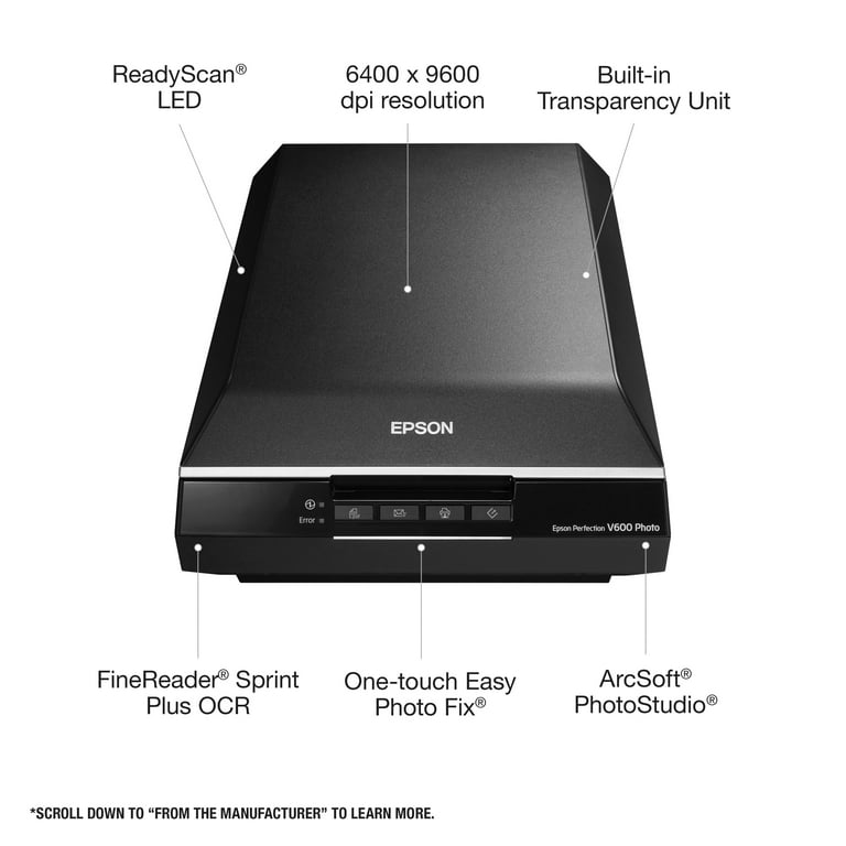 Epson Perfection V600 Photo Wired Color Scanner, Black - USB Connectivity  Flatbed Image Scanner, 6400 x 9600 dpi, Enlargements up to 17 x 22