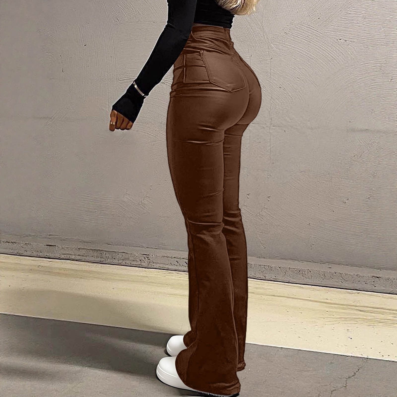 QUNYINEY Faux Leather Compression Leggings for Women Brown Casual Tummy Control Jegging with Pockets Skinny Flare Leggings
