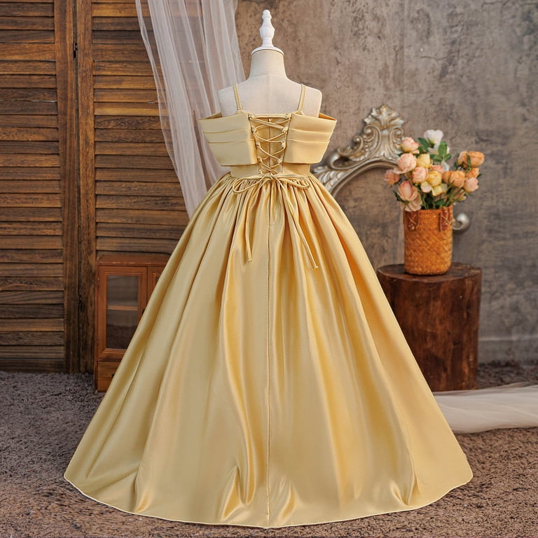 maxi dress birthday FYDUU Girls Bridesmaid Dresses Flower Girl Formal Wedding Pageant Long Dress A-Line Party Gown Princess Dress 10-11 Years bridal gown with ruffle skirt Size:5-6 Years (130cm) 60% polyester A-line/Princess Queen Anne Neckline