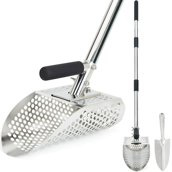 Sand Scoop for Metal Detecting, Metal Detector Scoop with Long Steel Handle, Stainless Steel Metal Detector Shovel, Sand Sifter for Beach, Metal Detector Accessories, San