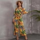 thumbnail image 4 of Pantalones de pierna ancha de cintura alta de manga corta con volantes y hombros descubiertos florales de verano para mujer mono suelto informal hoja de mostaza mediana, 4 of 5