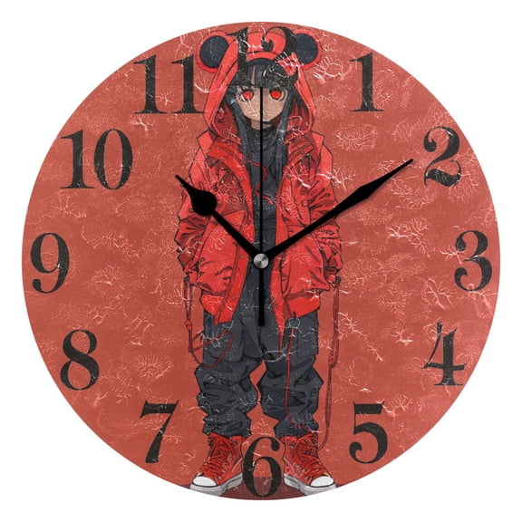 Cool Girl with Red Eyes Round Wall Clock Battery Operated Silent Non-Ticking Bedroom Office Kitchen Home School Decor 10"(Black)
