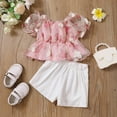 thumbnail image 6 of Mercatoo Toddler Girls Summer Outfit Puff Sleeve Floral Ruffle Tulle Tops and Shorts Clothes Set Kids Party Clothing, 6 of 9