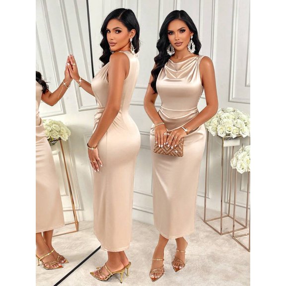 Apricot Solid Satin Midi Dress - Sleeveless High Neck, Waist Cinched Pleated Fitted, Elegant For Dates Weddings Parties