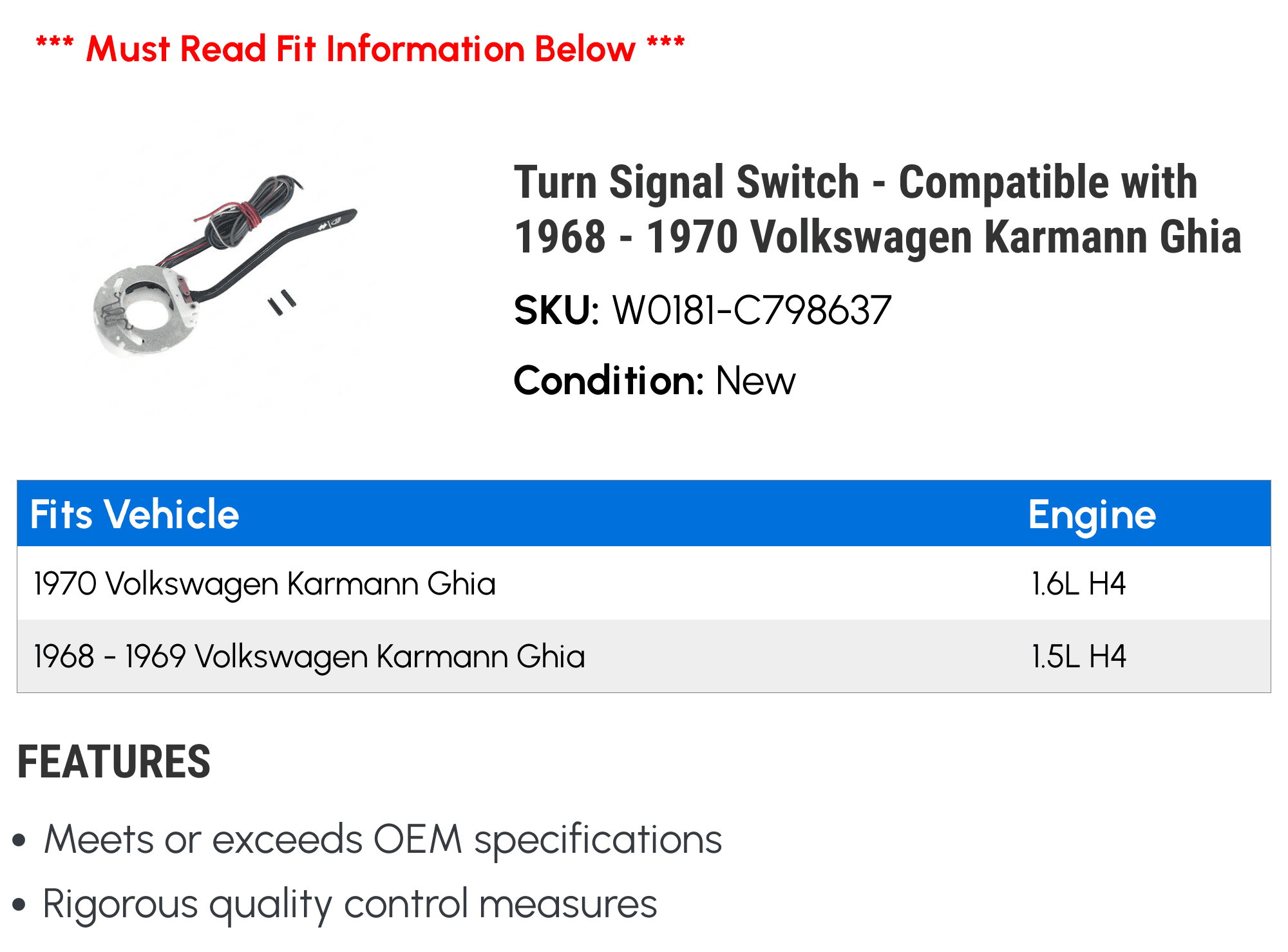 Turn Signal Switch For 1968-1970 Volkswagen Karmann Ghia – 9-Wire, 48964NQ, 12-Month Warranty