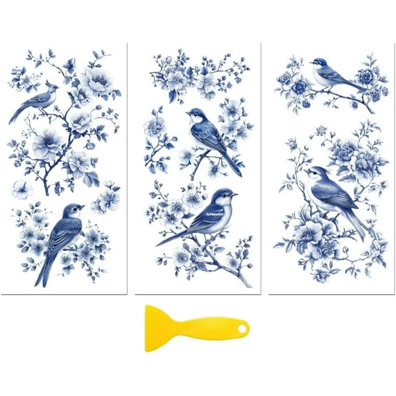 Rub on Transfer Decal Sticker DIY for Furniture Craft Decor 6"x12" Blue Branches and Birds 3Pcs Waterproof UV DTF Transfer DIY for Drawer Dresser Glass Porcelain Wood Plastic Window