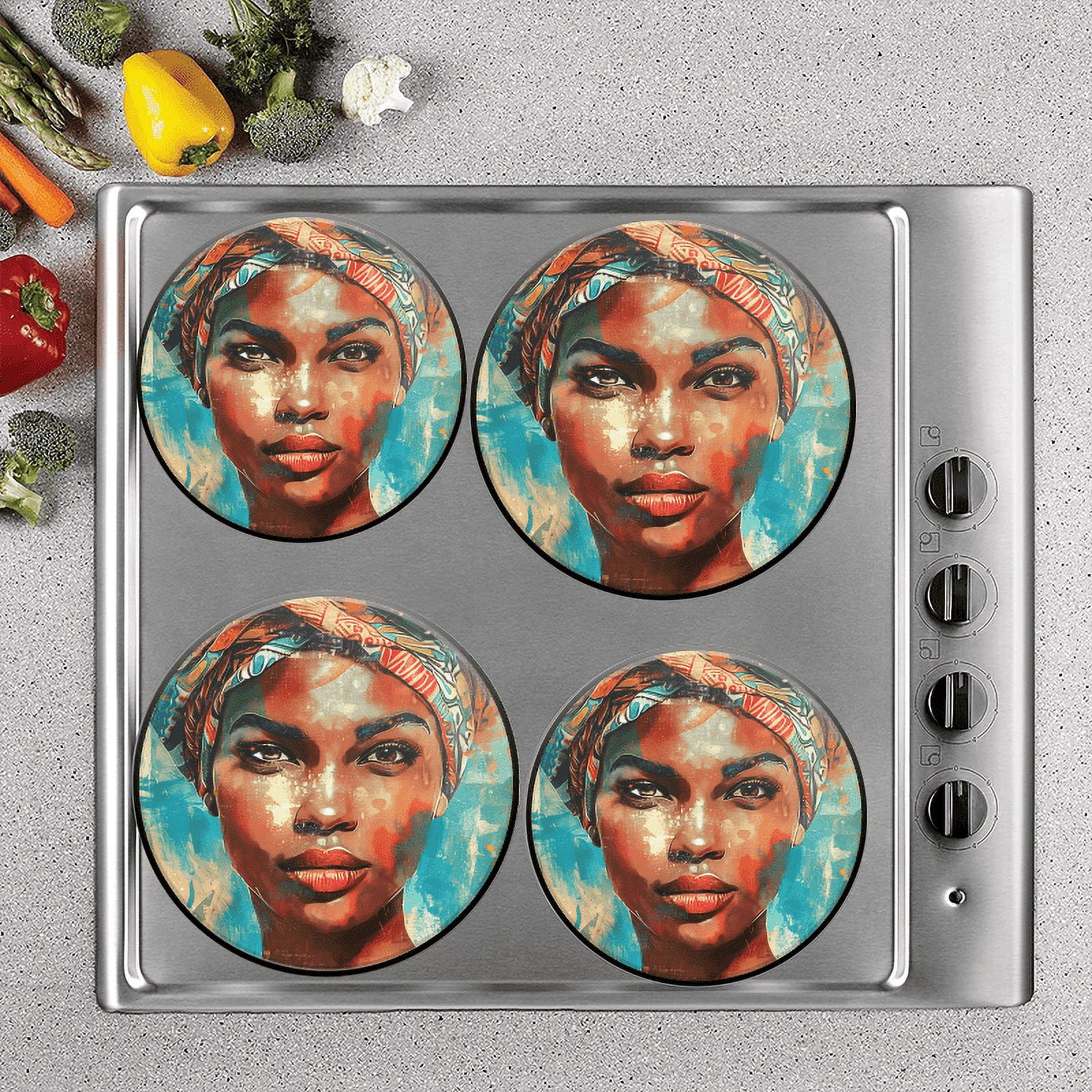BaHomeck Electric Stove Burner Covers Set of 4,Round Metal Gas Stove Burner Covers 8 Inch and 10 Inch,Kitchen Decor,Beautiful Black Woman With African Head Wrap