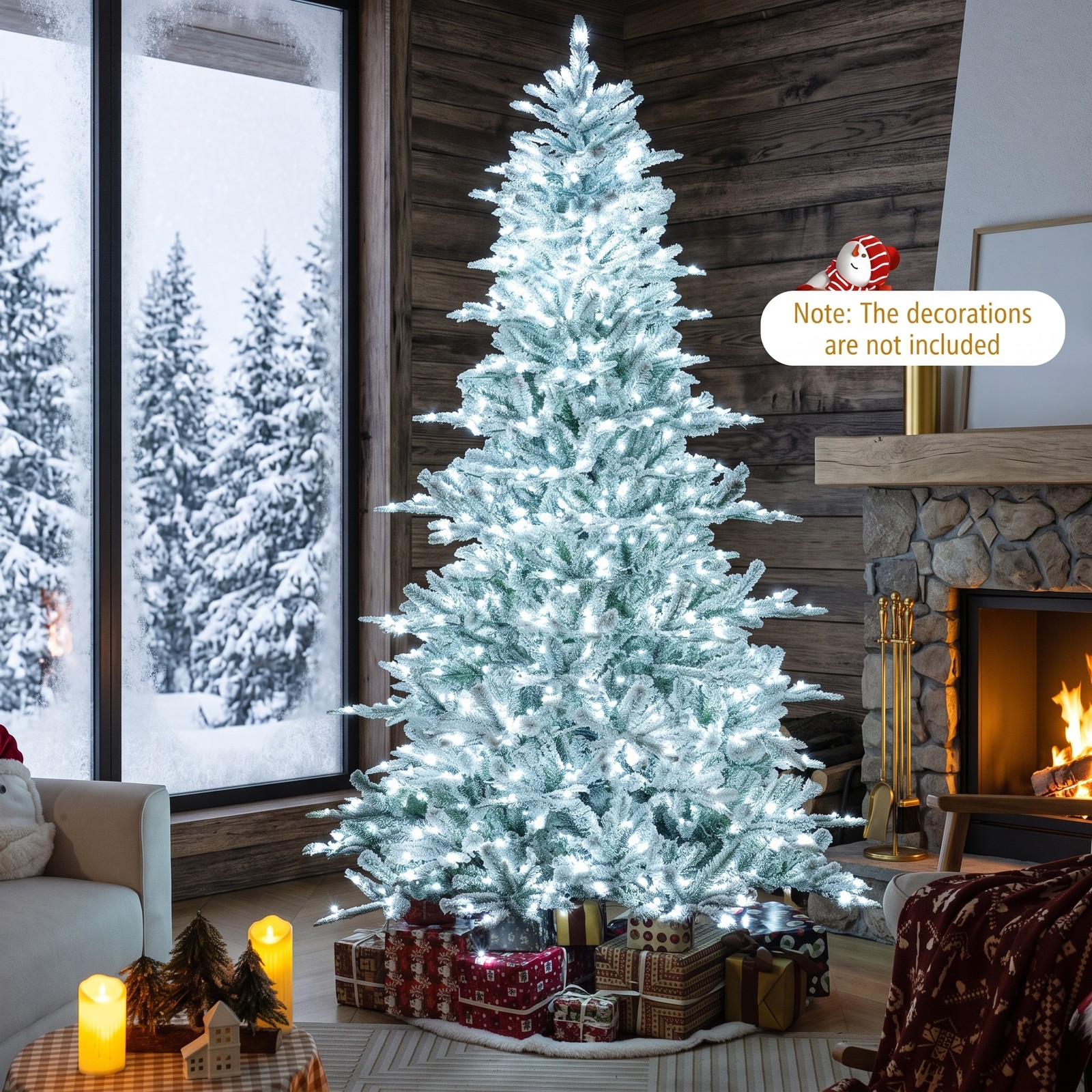 RUIE 8FT Snow Flocked Artificial Christmas Tree, Pre-Lit 800 Cool White LED Lights with Remote, Timer & Hinged Branches, Tall Holiday Tree, Green & White