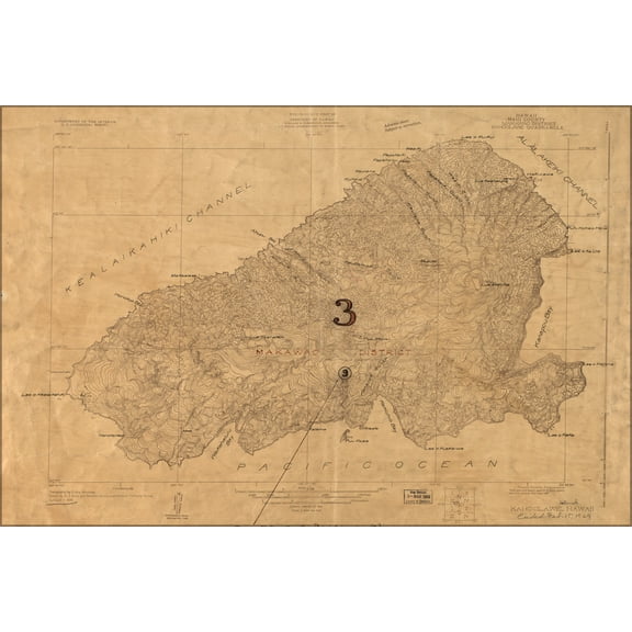 24"x36" Gallery Poster, map of Kahoolawe, Hawaii topography 1926