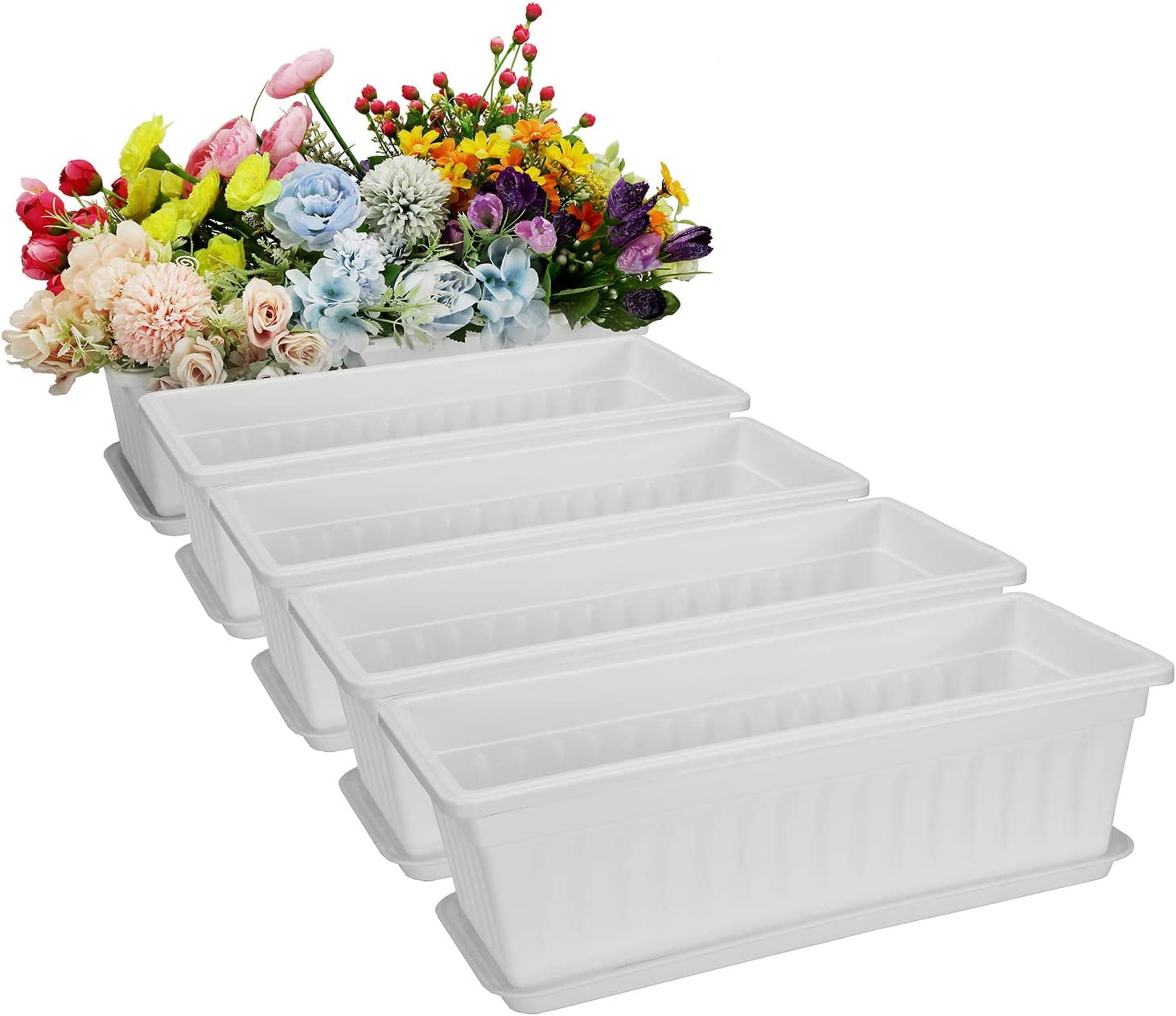 GIXUSIL 3 Pack 17 inches White Flower for Window Box Premium Plastic Vegetable Planters with Trays Vegetables Growing Container Garden Flower Plant Pot for Balcony, Window Sill, Patio, Garden