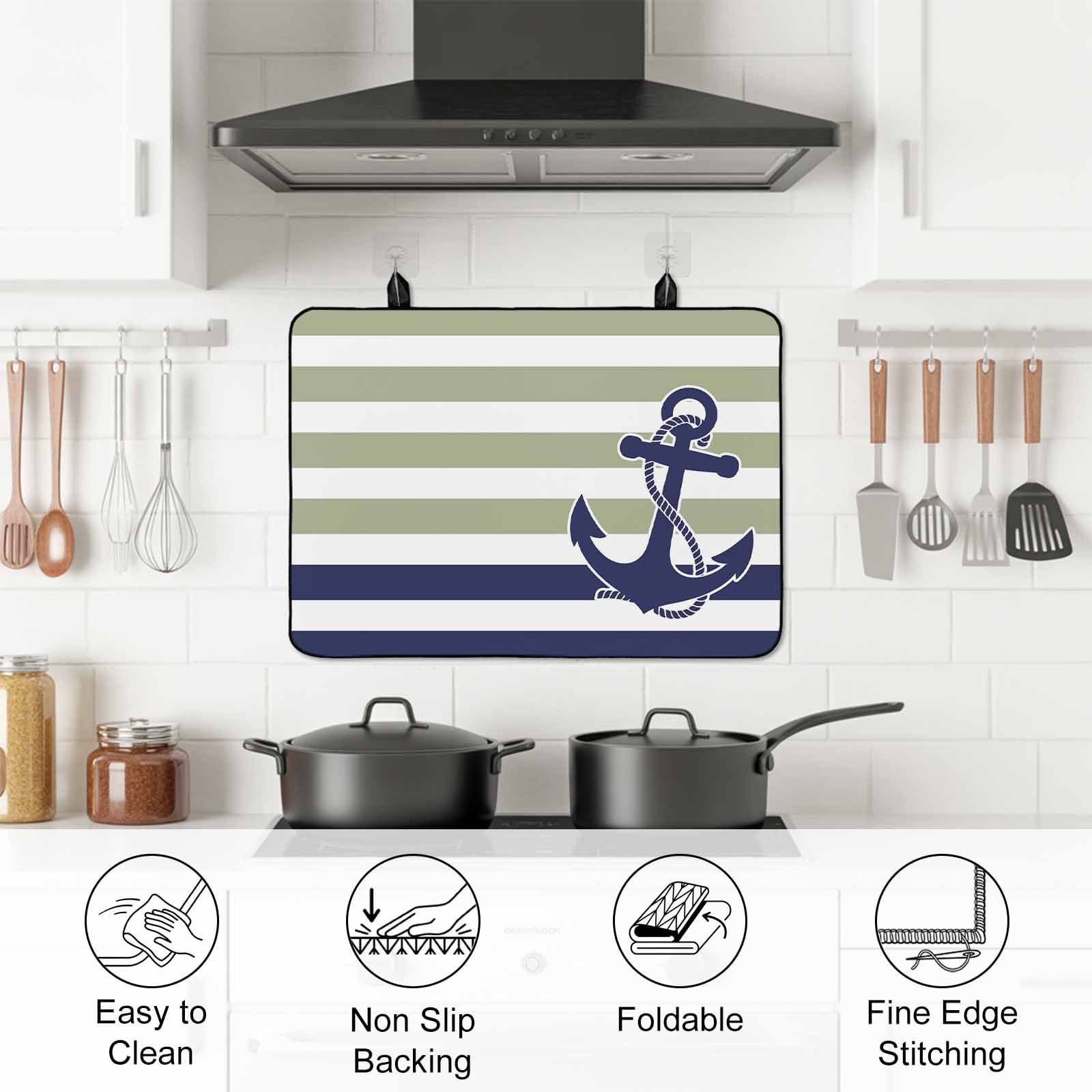 Striped Anchor Stove Top Cover for Electric Stove, Heat-proof & Non Slip Glass Top Stove Cover Protector, Navy Blue Nautical Sage Green Geometric Kitchen Flat Cooktop Rubber Mat 36x21 Inches