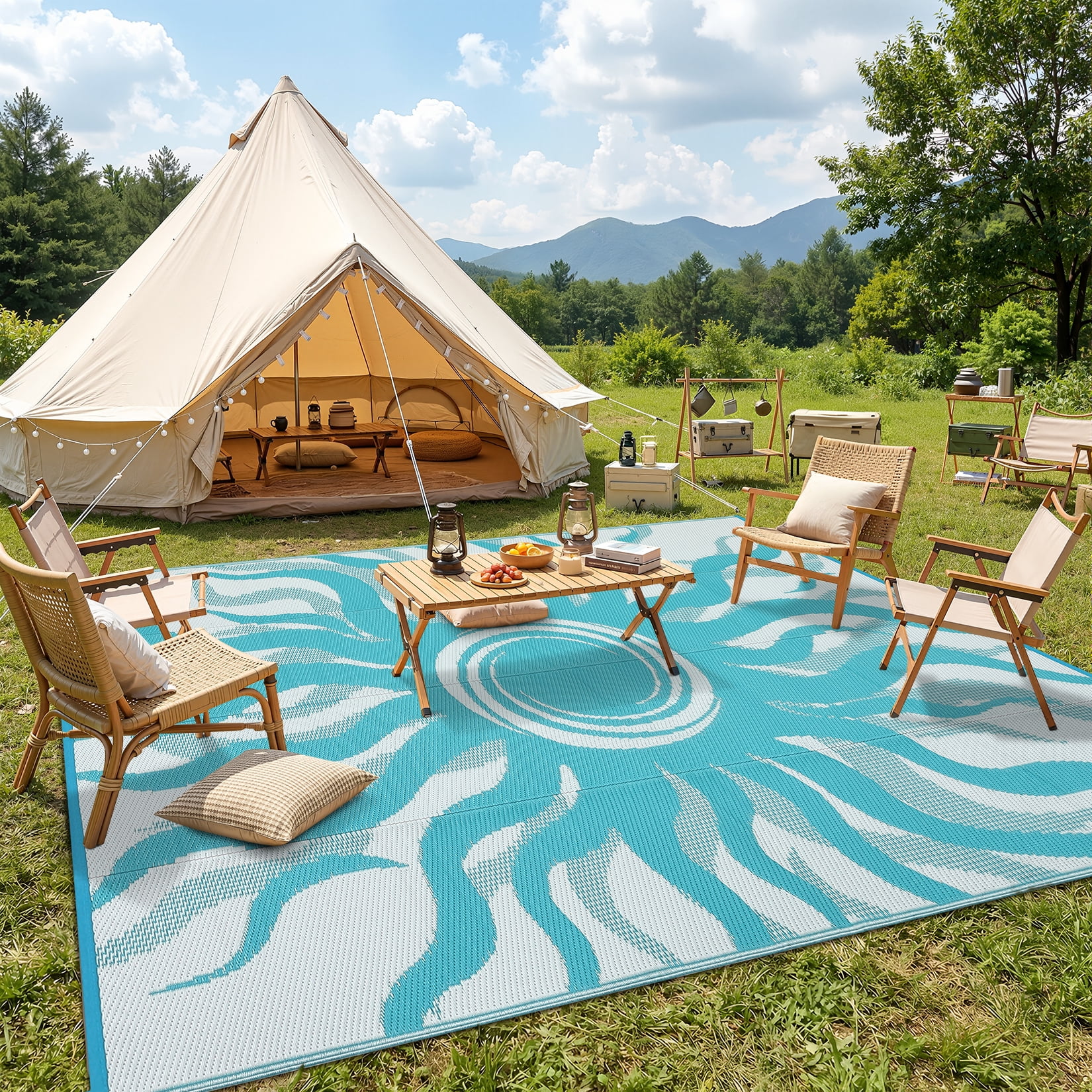 HIWEAVER Light Blue 9'x 12' Outdoor Rug Garden Decor Abstract Sun Pattern Carpet Plastic Straw Waterproof Reversible Patio Area Rug for Balcony Deck Picnic Portable Camping Mat