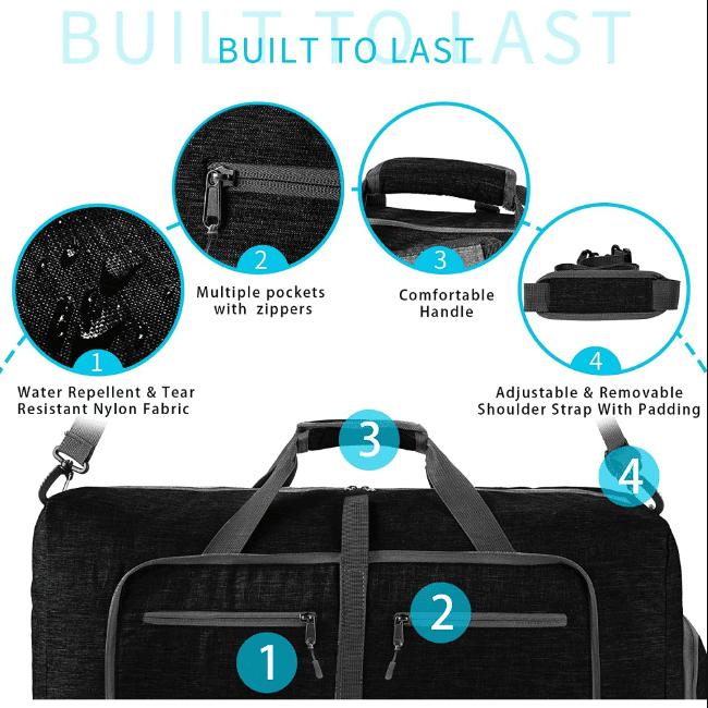 80L Large Foldable Travel Duffle Bag, 28" Black Duffel Bag for Men Women, Foldable Gym Bag with Shoes Compartment, Overnight Bags Waterproof & Tear Resistant