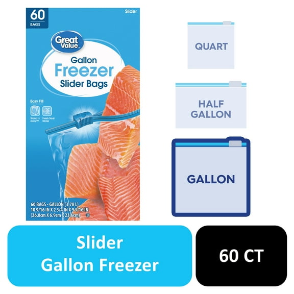 Great Value Gallon Freezer Guard Slider Zipper Bags, 60 Count