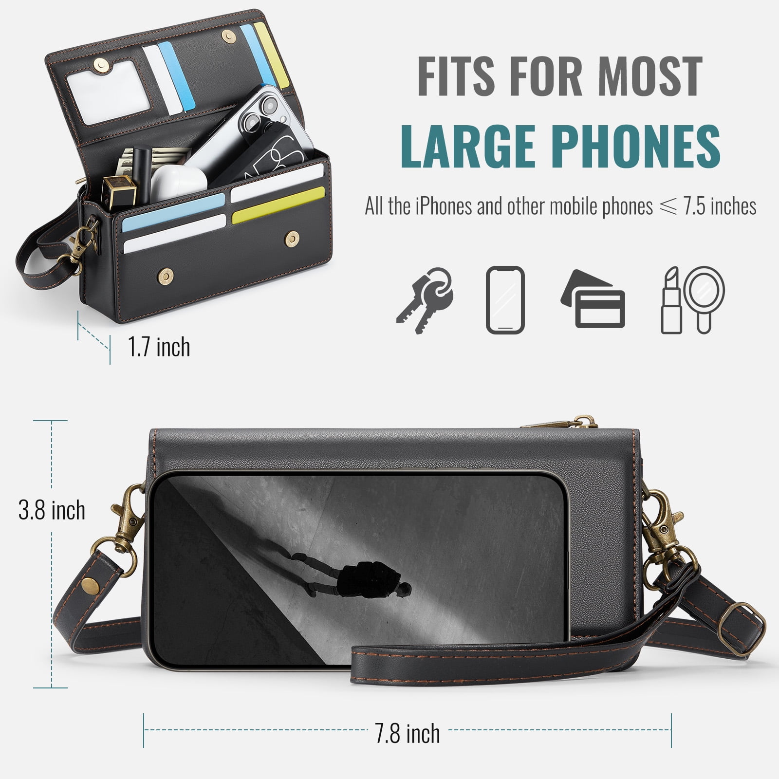 CaseMe Fashion Small Crossbody Bag for Women,Cell Phone Purse Women's Shoulder Handbags Wallet Purse with RFID Blocking Credit Card Slots Zip Small Crossbody Bag Wrist strap/Shoulder strap - Black