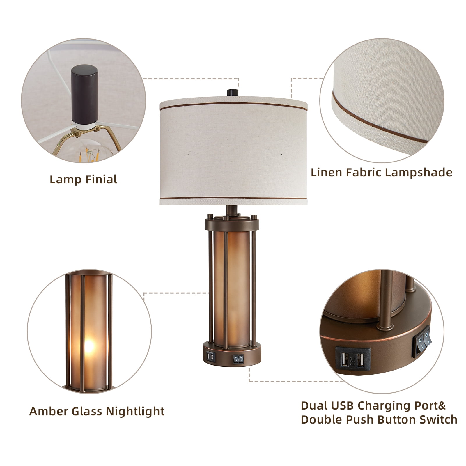 RORIA 24”Living Room Table Lamps Set of 2, Modern Farmhouse Style, Features Dual USB C&A Charging Ports and Night Light, Suitable for Bedrooms and Bedside Tables