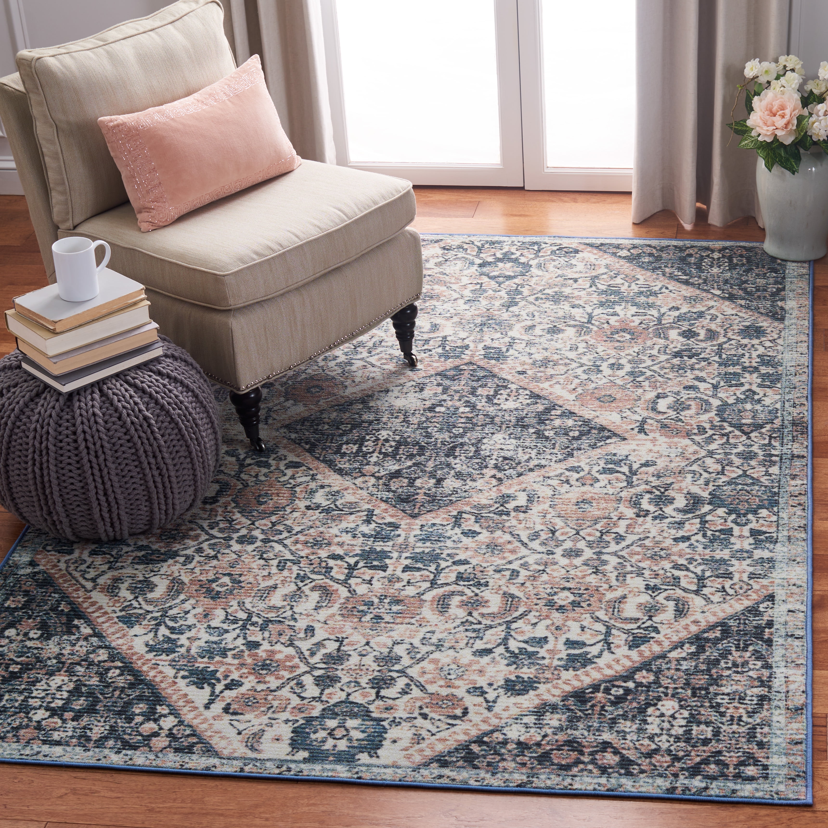 SAFAVIEH Journey Raschelle Oriental Machine Washable Area Rug, Ivory/Pink, 6'7" x 6'7" Square