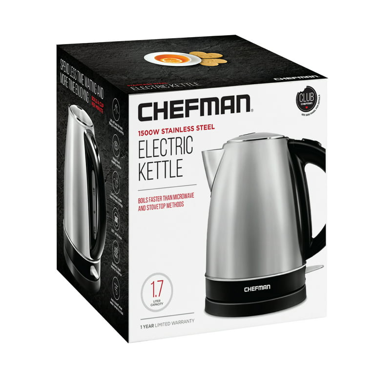 Chefman Electric Glass Kettle LED Indicator Lights, 360 deg Swivel Base,  BPA Free, Stainless Steel, 1.8 Liters