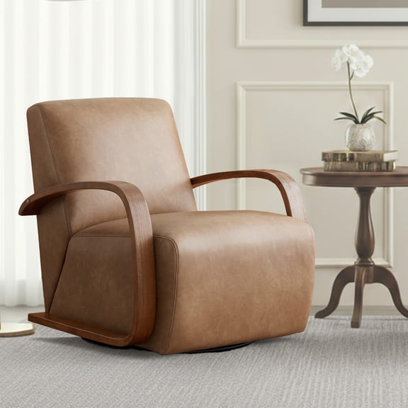 CHITA Swivel Accent Chair with U-shaped Wood Arm for Living Room & Bedroom, Cognac Brown Faux Leather & Walnut