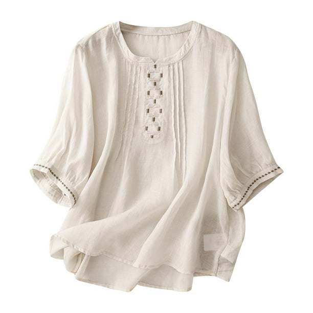 Vestidos Casuales Para Mujer, Blusas De Mujer De Moda Blusa de mujer con cuello alto, mangas 3/4, plisada y bordada de lino sintético