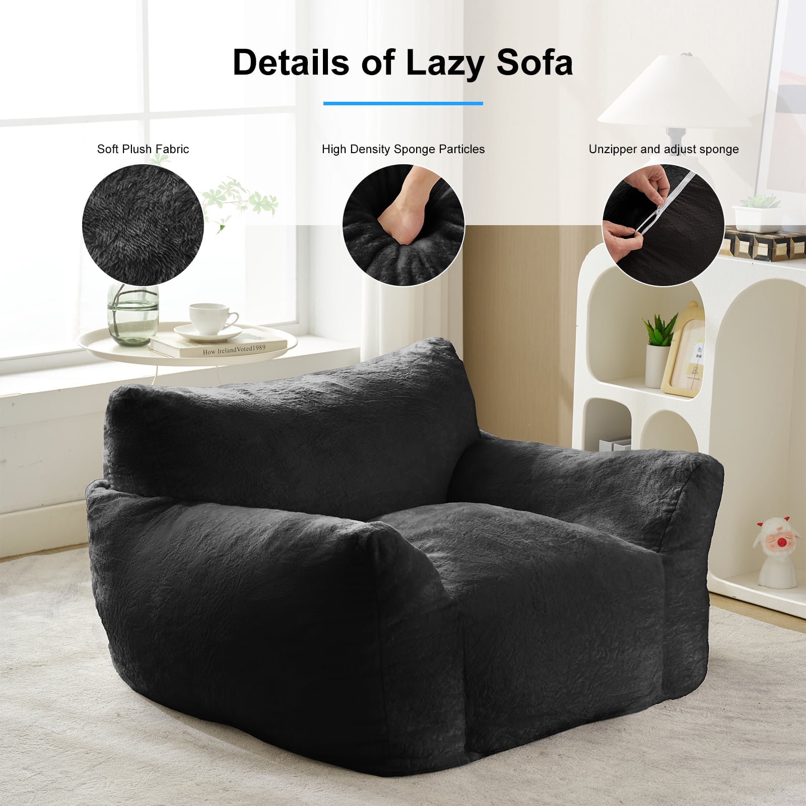Puremind Bean Bag Chair for Kids and Adults, Oversized Bean Bag Couch with Ottoman, Faux Fur Lazy Sofa Chair for Living Room/Apartment/Bedroom, Dark Gray