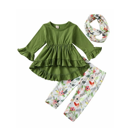 

Suefunskry 3pcs Toddler Baby Girls Clothes Outfits Ruffle Tops Dress Floral Pants Headband Set